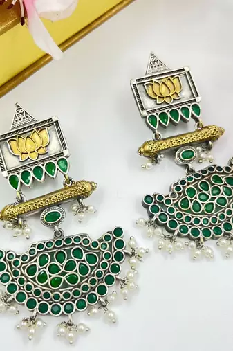 Lotus designed handmade golden and green coloured pearl dangle earrings oxidized antique boho style jewelry for women