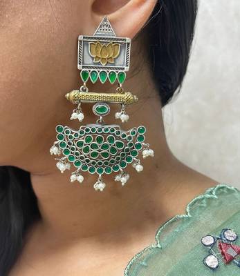 Lotus designed handmade golden and green coloured pearl dangle earrings oxidized antique boho style jewelry for women 3