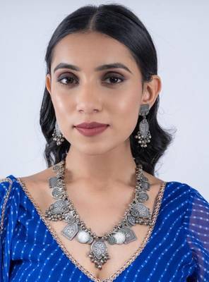 Exquisite indian oxidised ghungroo necklace and earrings set: german silver plated jewelry with ethnic dangler earring 1