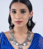 Exquisite indian oxidised ghungroo necklace and earrings set: german silver plated jewelry with ethnic dangler earring