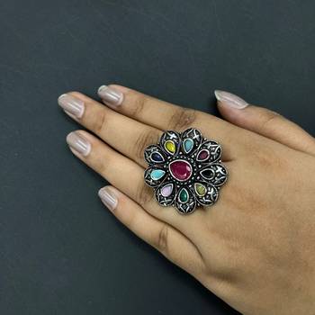Oxidized stone rings indian silver plated multicolor adjustable finger ring ethnic finger jewelry for women gift jewelry 1