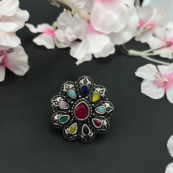 Oxidized stone rings indian silver plated multicolor adjustable finger ring ethnic finger jewelry for women gift jewelry 2
