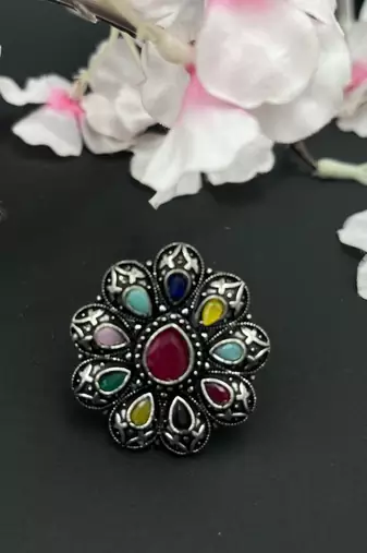 Oxidized stone rings indian silver plated multicolor adjustable finger ring ethnic finger jewelry for women gift jewelry