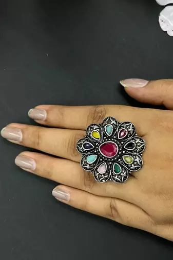 Oxidized stone rings indian silver plated multicolor adjustable finger ring ethnic finger jewelry for women gift jewelry