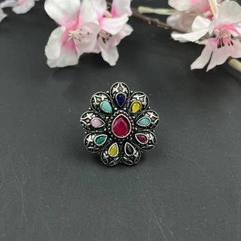Oxidized stone rings indian silver plated multicolor adjustable finger ring ethnic finger jewelry for women gift jewelry 4