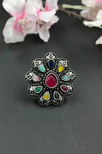 Oxidized stone rings indian silver plated multicolor adjustable finger ring ethnic finger jewelry for women gift jewelry