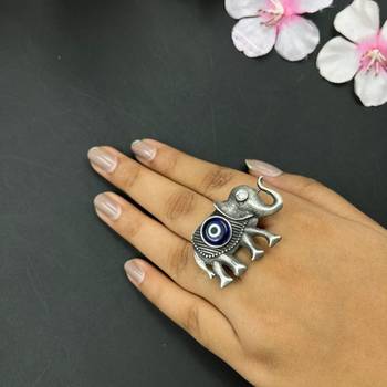 Ethnic traditional statement evil eye elephant silver oxidized finger ring: german indian silver plated boho jewelry 2