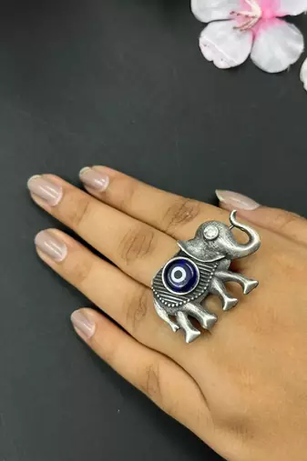 Ethnic traditional statement evil eye elephant silver oxidized finger ring: german indian silver plated boho jewelry