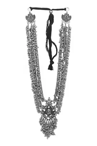 Indian ethnic multilayer necklace jewelry: oxidized long necklace with heavy ghunghroo, temple jewelry,silver jewelry