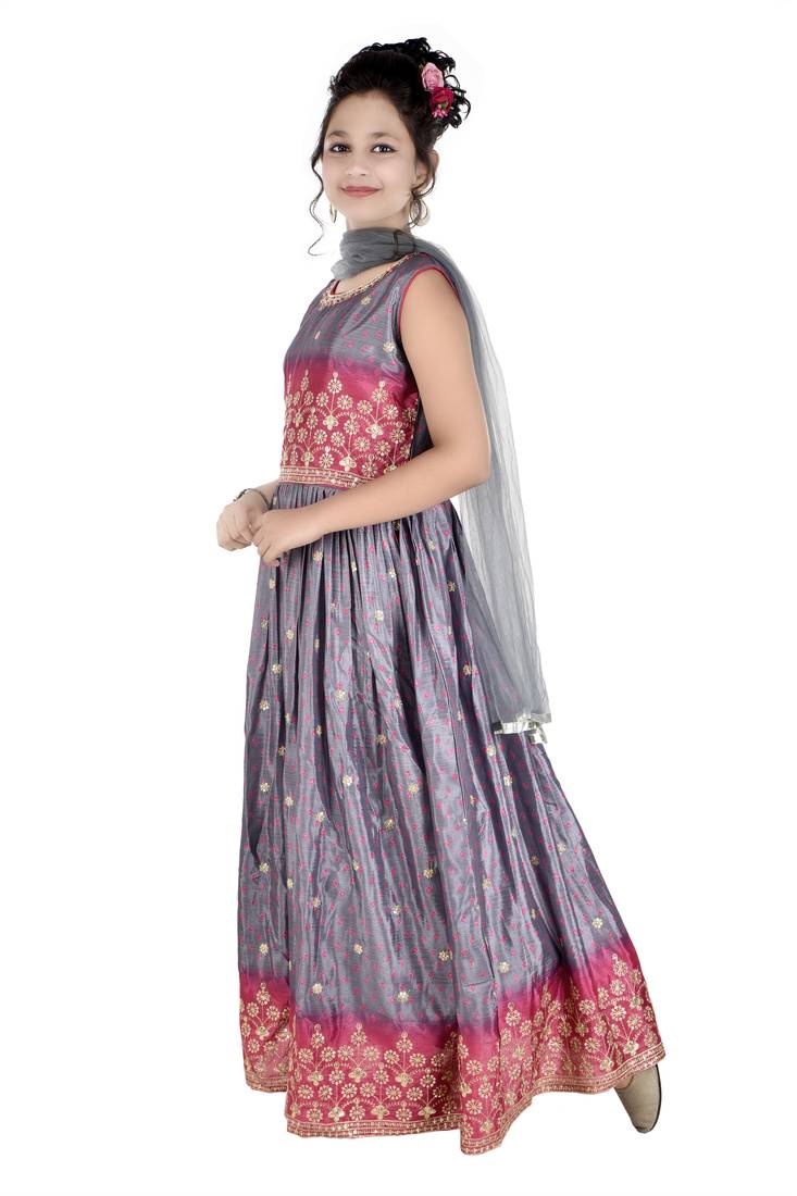 Aura pura crepe long grown kids dress with net dupatta