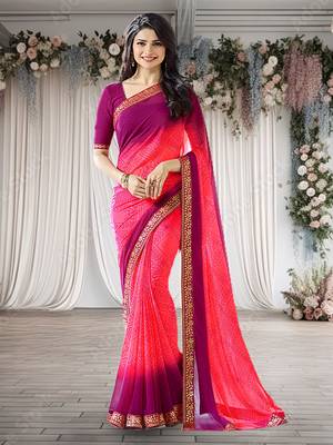 Pink printed georgette saree with blouse 1