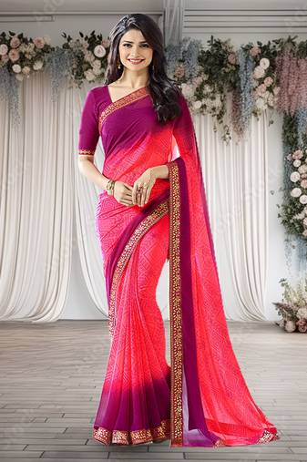 Pink printed georgette saree with blouse