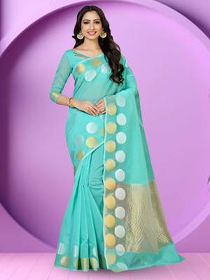Turquoise Woven Cotton Saree With Blouse 1