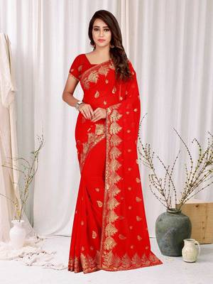 Red embroidered faux georgette saree with blouse 6