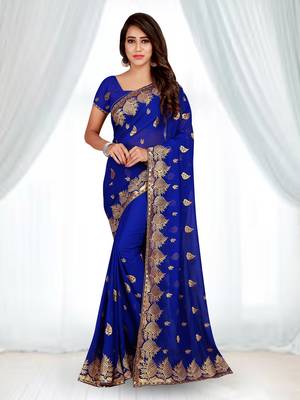 Navy Blue Chiffon Embroidered Party Wear Saree with Blouse 1