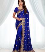 Navy Blue Chiffon Embroidered Party Wear Saree with Blouse