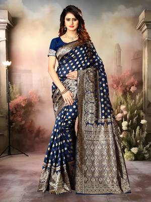 Navy Blue Woven Art Silk Saree With Blouse 1