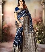 Navy Blue Woven Art Silk Saree With Blouse