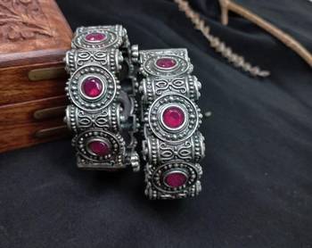 Oxidized pink kada indian german silver bangle for women silver plated handmade jewelry traditional ethnic hand bracelet 1