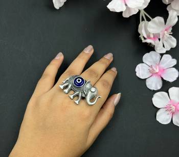 Ethnic traditional statement evil eye elephant silver oxidized finger ring: german indian silver plated boho jewelry 3