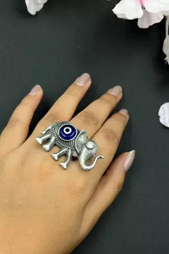 Ethnic traditional statement evil eye elephant silver oxidized finger ring: german indian silver plated boho jewelry