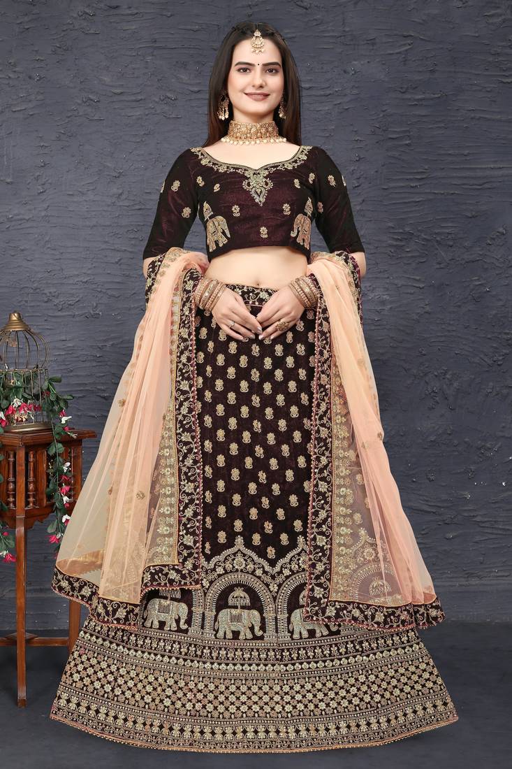Maroon Zari Sequins And Thread Embroidered Velvet Semi Stitched Bridal Lehenga