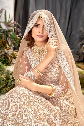 Brown Net Lehenga Choli With Embroidered Work