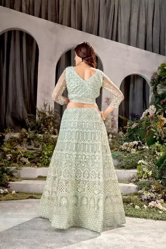 Pista Net Lehenga Choli With Embroidered Work