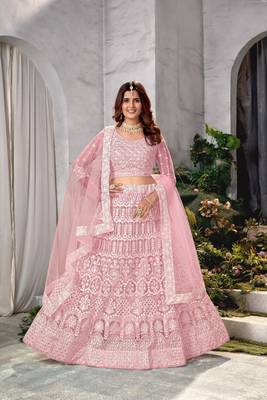 Pink Faux Net Sequin and Thread Embroidered Lehenga Choli 1