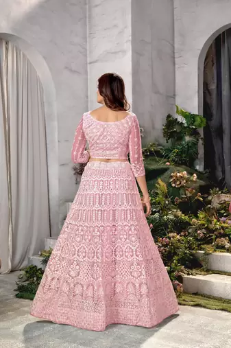Pink Faux Net Sequin and Thread Embroidered Lehenga Choli