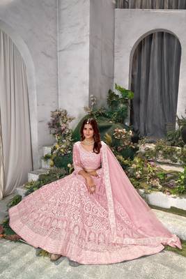 Pink Faux Net Sequin and Thread Embroidered Lehenga Choli 4