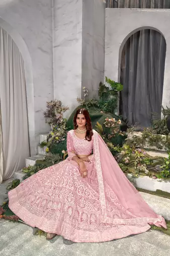 Pink Faux Net Sequin and Thread Embroidered Lehenga Choli