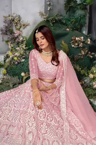 Pink Faux Net Sequin and Thread Embroidered Lehenga Choli