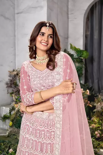 Pink Faux Net Sequin and Thread Embroidered Lehenga Choli