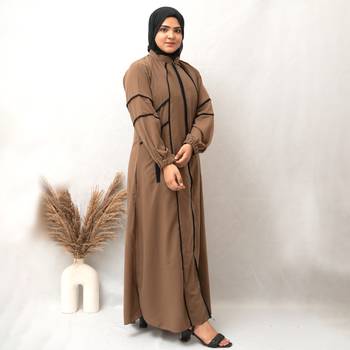 Front Open Zip Lastic Sleeves & Double Pocket Abaya in Brown Color With Hijab 1