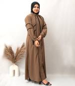 Front Open Zip Lastic Sleeves & Double Pocket Abaya in Brown Color With Hijab