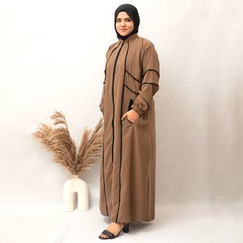 Front Open Zip Lastic Sleeves & Double Pocket Abaya in Brown Color With Hijab 2