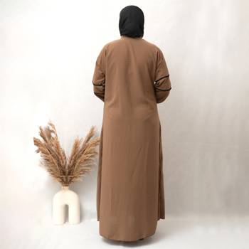 Front Open Zip Lastic Sleeves & Double Pocket Abaya in Brown Color With Hijab 3
