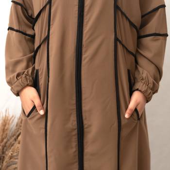 Front Open Zip Lastic Sleeves & Double Pocket Abaya in Brown Color With Hijab 4