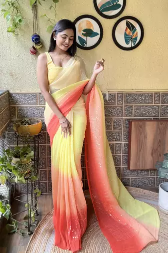 Yellow georgette with crush pattern saree with satin blouse pcs