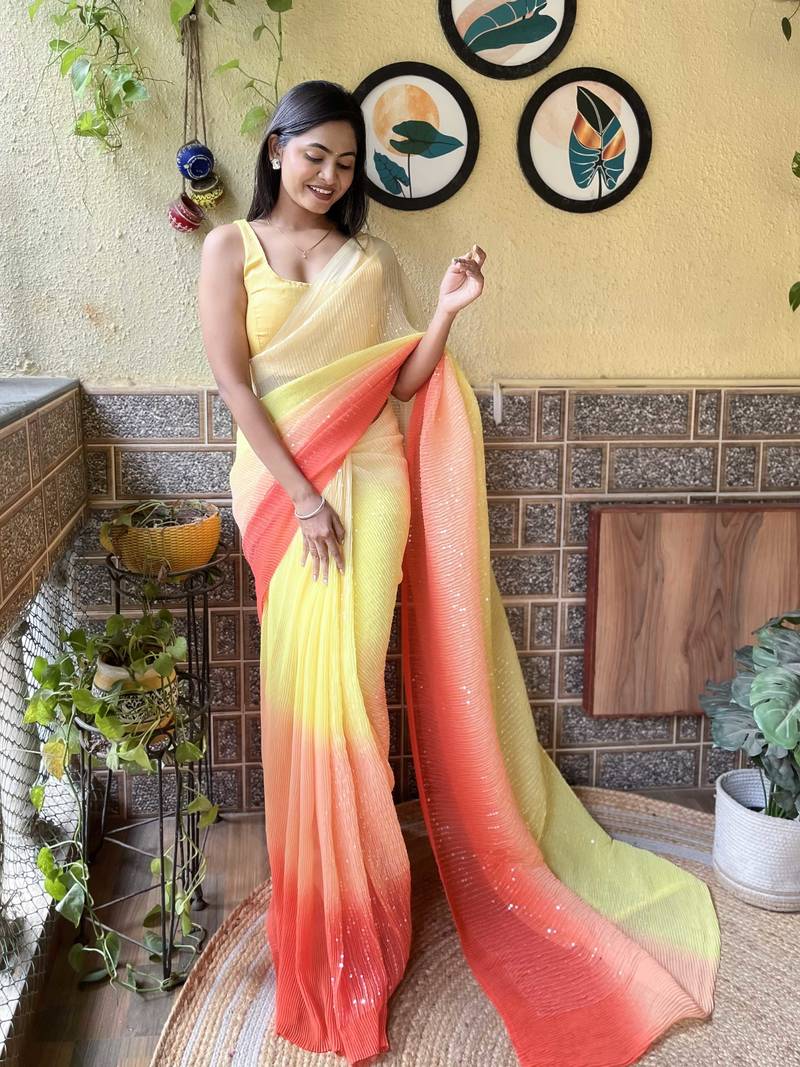 Yellow georgette with crush pattern saree with satin blouse pcs
