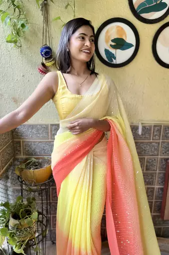 Yellow georgette with crush pattern saree with satin blouse pcs