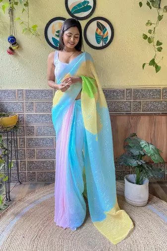 Blue georgette with crush pattern saree with satin blouse pcs
