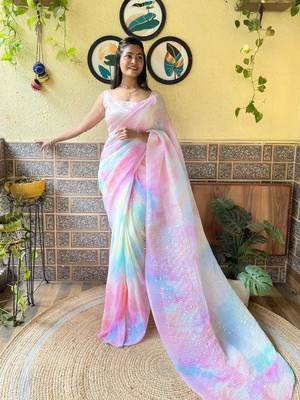 Pink georgette with crush pattern saree with satin blouse pcs 1