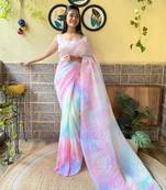 Pink georgette with crush pattern saree with satin blouse pcs