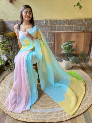 Blue georgette with crush pattern saree with satin blouse pcs 3