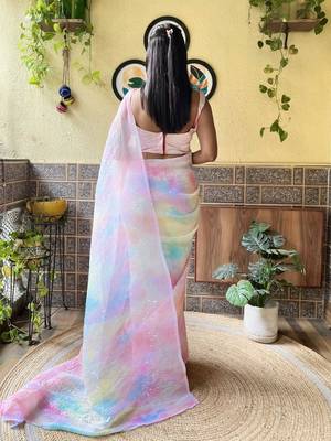 Pink georgette with crush pattern saree with satin blouse pcs 3