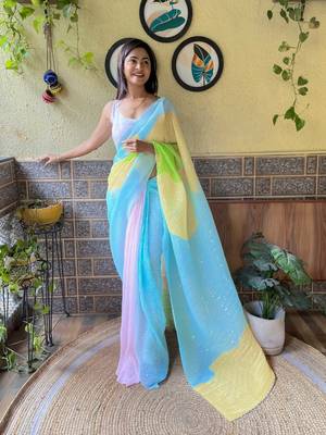 Blue georgette with crush pattern saree with satin blouse pcs 4