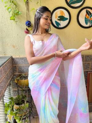Pink georgette with crush pattern saree with satin blouse pcs 4