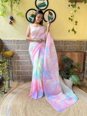 Pink georgette with crush pattern saree with satin blouse pcs 5